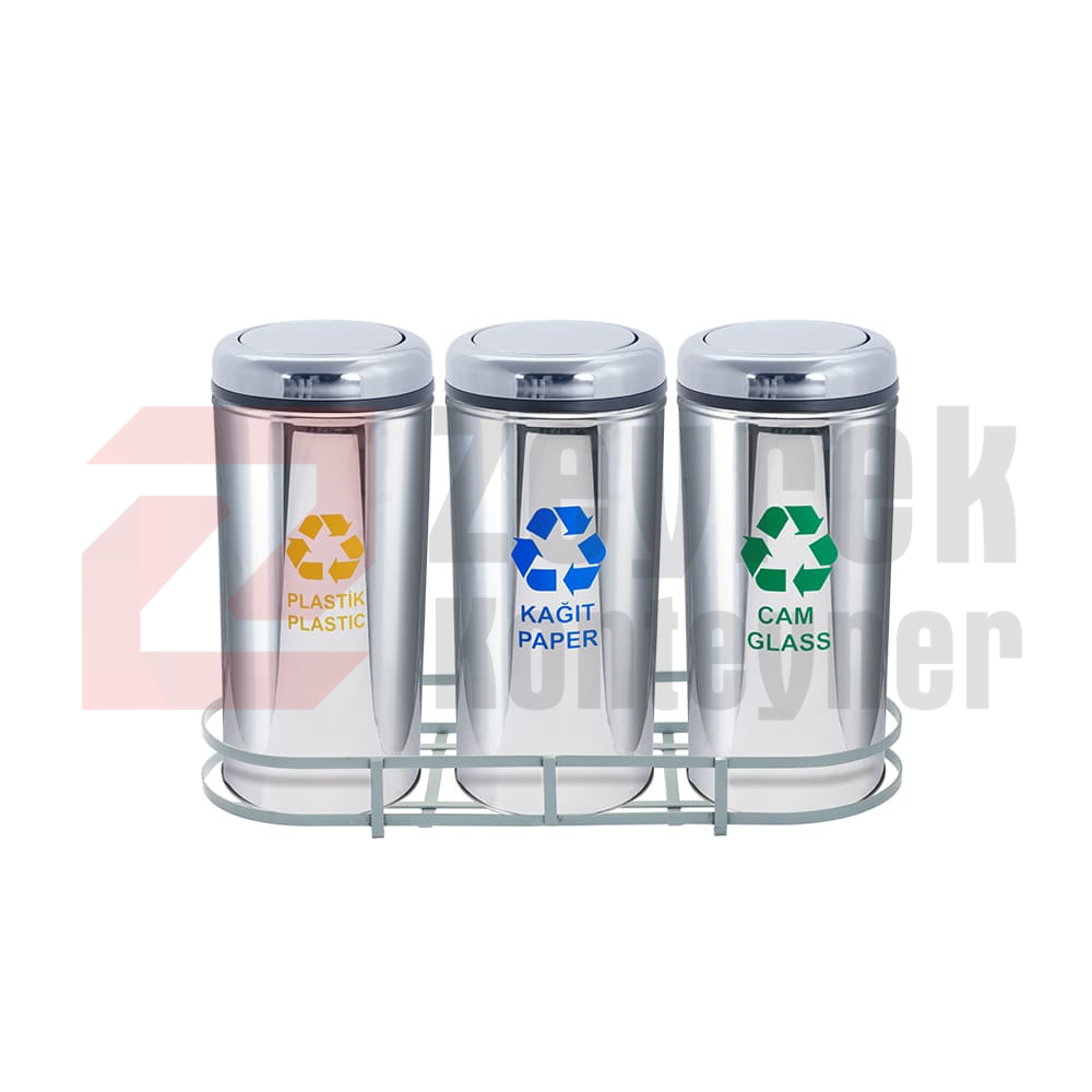1002B Paslanmaz 3 Bölmeli Sıfır Atık Geri Dönüşüm Seti