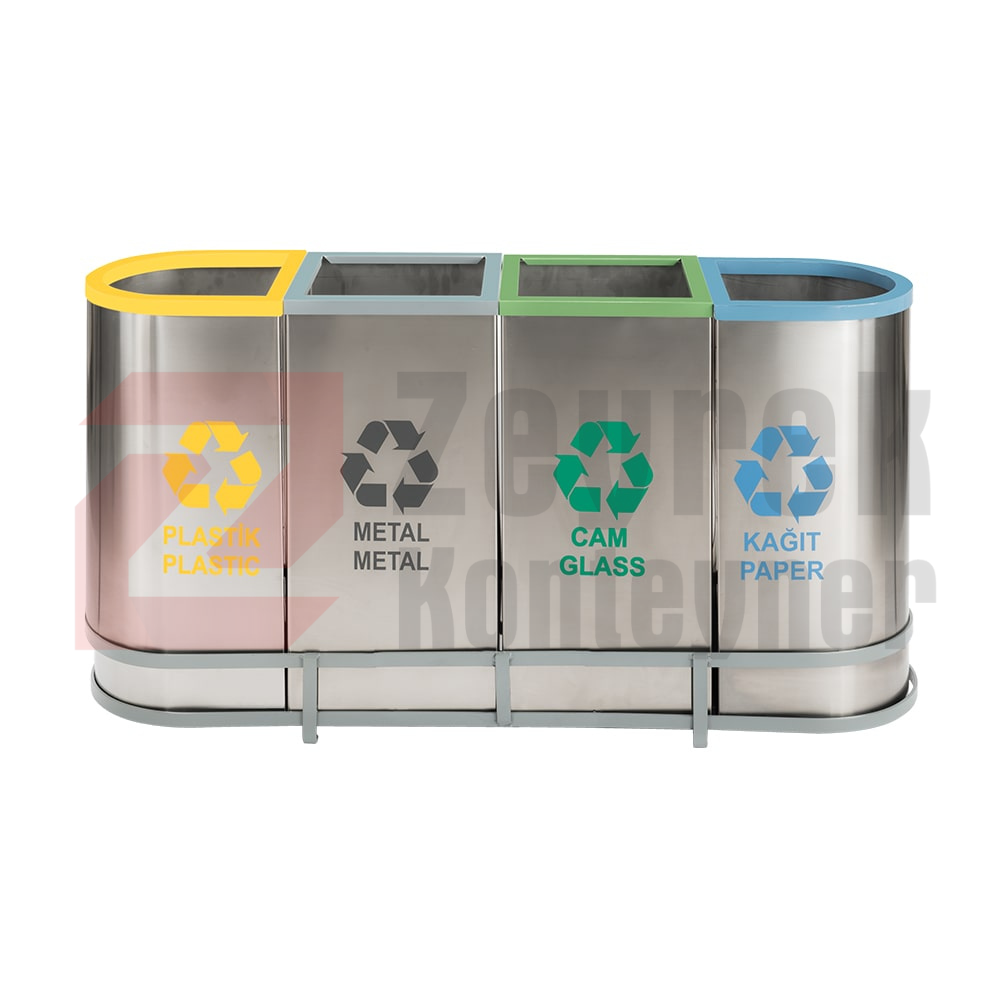 1022A Paslanmaz 4 Bölmeli Sıfır Atık Geri Dönüşüm Seti